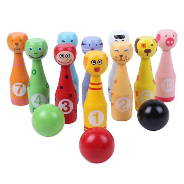 new wooden bowling set pins ball animal game sm32913