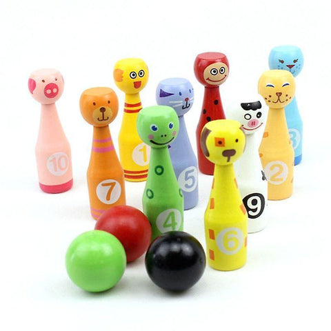 new wooden bowling set pins ball animal game sm32913