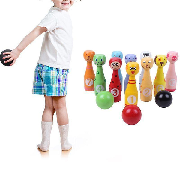 new wooden bowling set pins ball animal game sm32913