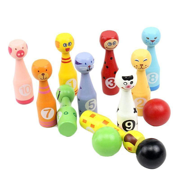 new wooden bowling set pins ball animal game sm32913