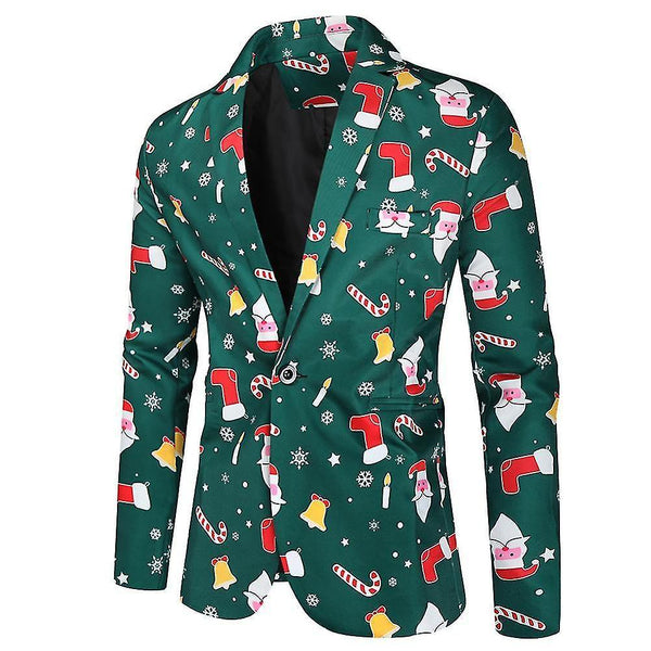 Pant Suits Christmas Homemiyn Men's Dark Green Christmas Print Single-breasted Suit Three-piece Suit