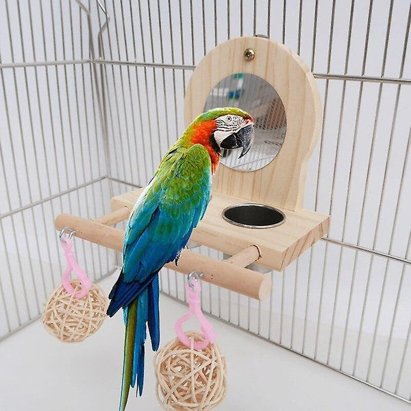 Bird Toys Parrots Mirror Play Stand Wooden Perch Playgym With Feeder Cup Bowls Rattan Ball 11UA|Bird