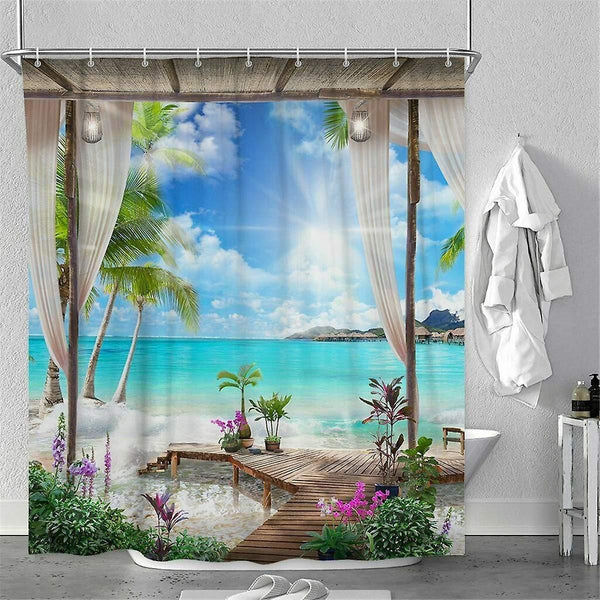 Shower curtains beach printed shower curtain sea scenery screen waterproof bathroom curtains non slip 90*180cm