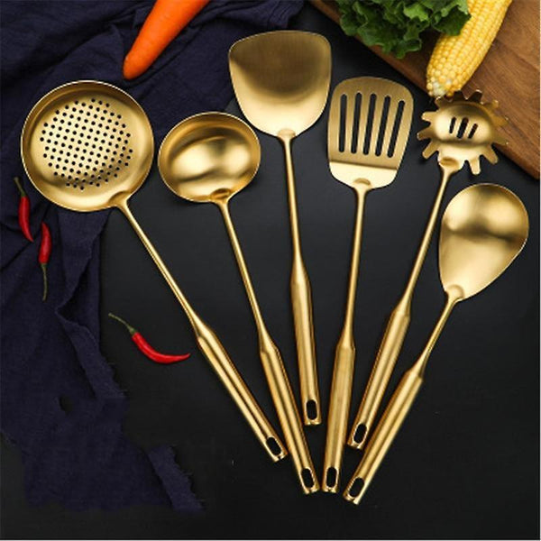 Kitchen Utensil Sets 7pcs Gold Spoons Stainless Steel Soup Shovel With Rack Cookware Accessories|Coo