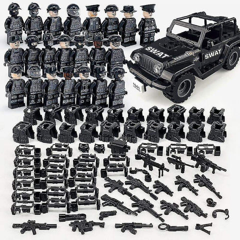 Action Toy Figures Military Building Blocks Series Black Special Police And Off-road Vehicle Set Sma