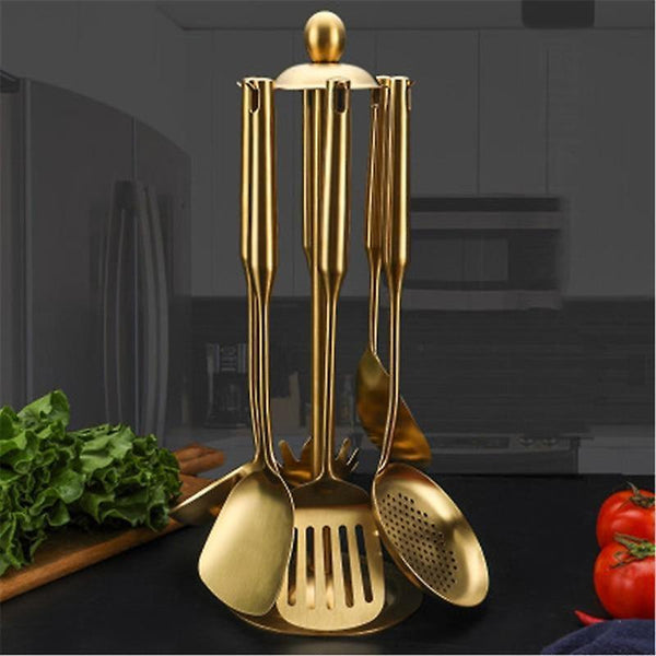 Kitchen Utensil Sets 7pcs Gold Spoons Stainless Steel Soup Shovel With Rack Cookware Accessories|Coo