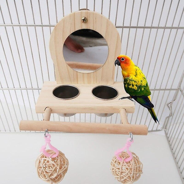 Bird Toys Parrots Mirror Play Stand Wooden Perch Playgym With Feeder Cup Bowls Rattan Ball 11UA|Bird