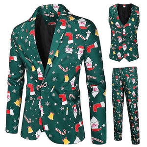 Pant Suits Christmas Homemiyn Men's Dark Green Christmas Print Single-breasted Suit Three-piece Suit