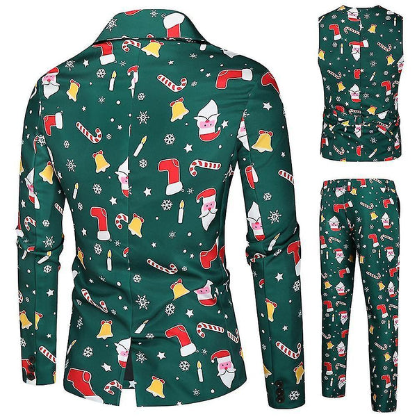 Pant Suits Christmas Homemiyn Men's Dark Green Christmas Print Single-breasted Suit Three-piece Suit