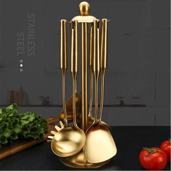 Kitchen Utensil Sets 7pcs Gold Spoons Stainless Steel Soup Shovel With Rack Cookware Accessories|Coo