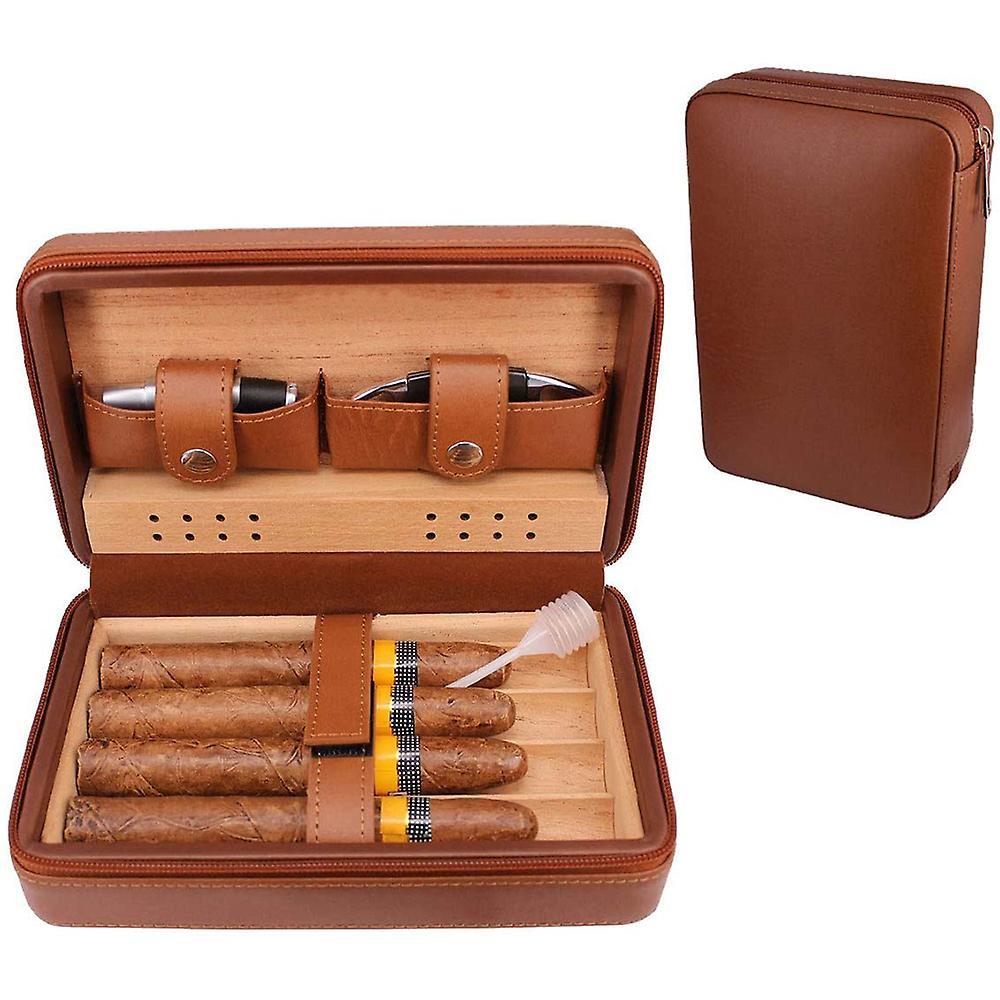 Leather Travel Cigar Humidor Case Portable Cedar Wood With Humidifier Humidifier For 4 Cigars Cigar Cases