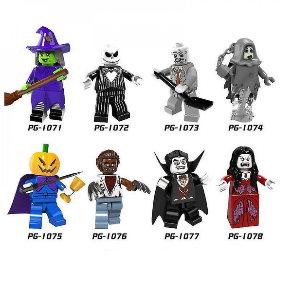 Action toy figures 8pc assembled minifigure halloween series pumpkin man vampire queen werewolf building blocks