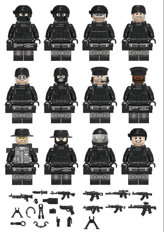 Action Toy Figures 12Pcs Black Swat Police Minifigure Building Block Accessories Military Toy