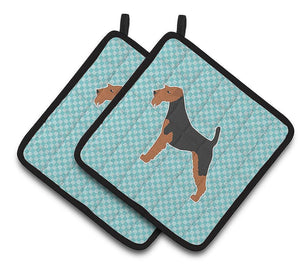 Oven mitts pot holders airedale terrier checkerboard blue pair of pot holders