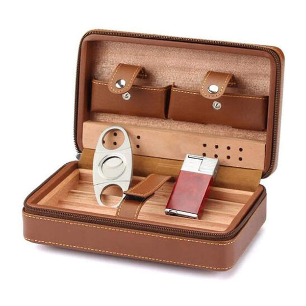 Leather Travel Cigar Humidor Case Portable Cedar Wood With Humidifier Humidifier For 4 Cigars Cigar Cases