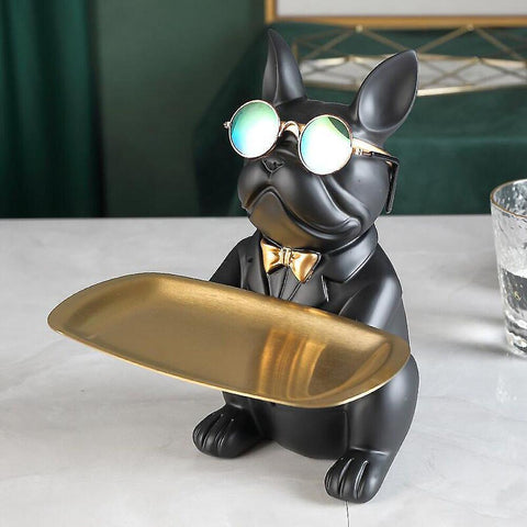 black 2 Kungfu Bulldog Butler With Tray For Keys Jewelry Stock Storage Nordic Home Decor Dog Statues Resin Sculpture Desk Decoration Decorative Trays