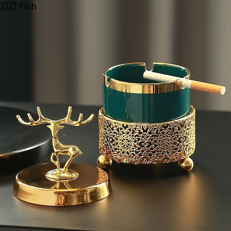 Ashtrays ashtray with lid decoration living room elk gold frame emerald ceramic ashtray christmas gift for boyfriend