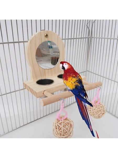 Bird Toys Parrots Mirror Play Stand Wooden Perch Playgym With Feeder Cup Bowls Rattan Ball 11UA|Bird