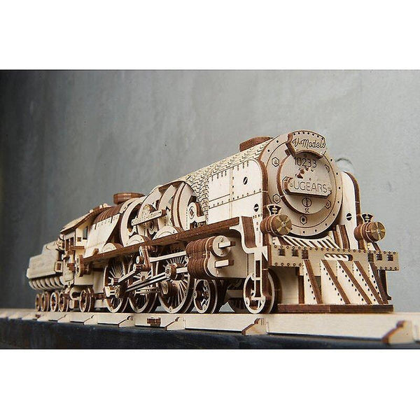 Action Toy Figures V-Express Steam Train with Tender - Mechanical Wooden Model Kit 70058