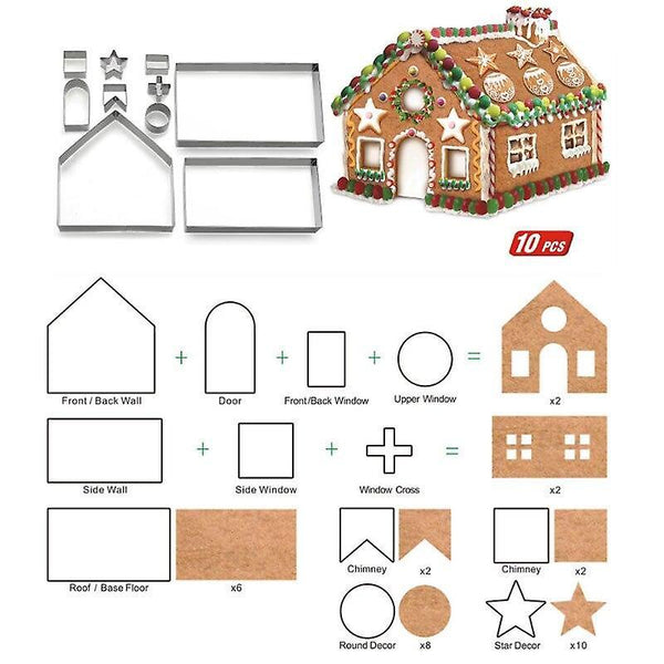 Kitchen Molds 10pc 3D Gingerbread House Cookie Cutters Set Stainless Steel Christmas Scenario Biscui